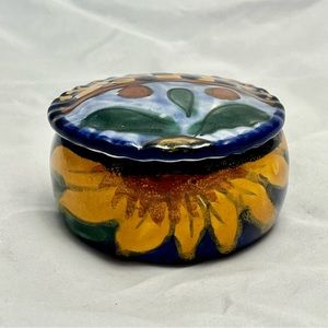 Mexican Pottery Lidded Bowl Hand Painted, Footed, Talavera Trinket Dish, VTG EUC